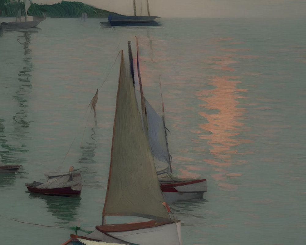 Sailboats on calm water at dusk with sunset reflections