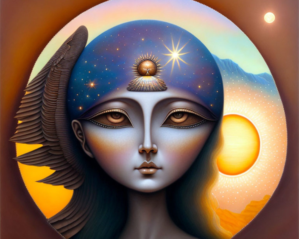 Surreal artwork: woman's face with starry hair, sun and moon eyes, mountain landscape
