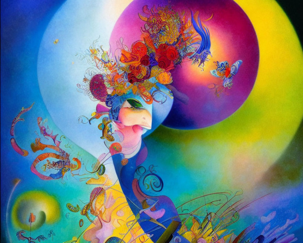 Colorful surreal painting of person with elaborate headwear against celestial backdrop