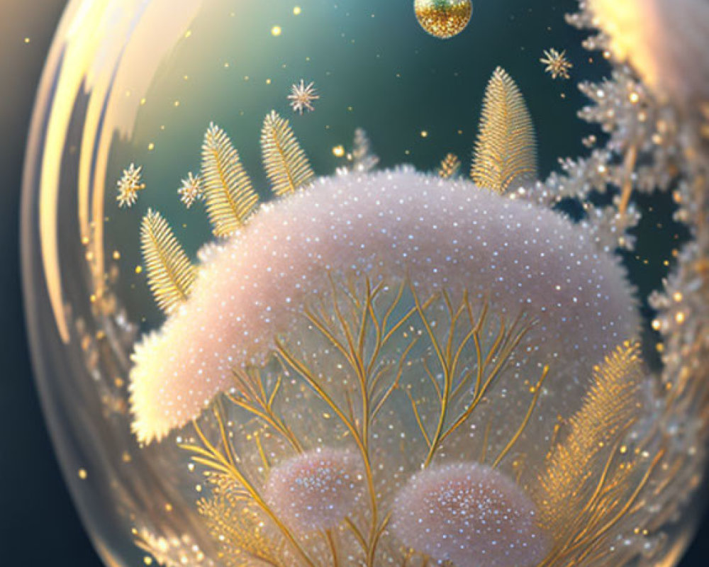 Snow Globe with Mini Trees and Golden Orbs on Blue Background