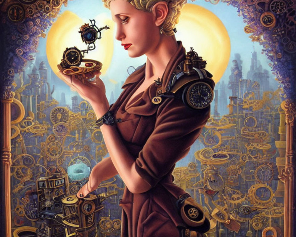 Steampunk-themed woman with mechanical device and glowing orb in cityscape.