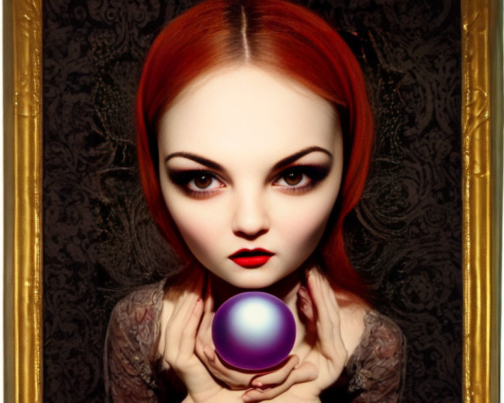 Red-haired woman with dramatic makeup holding glowing purple orb in ornate frame