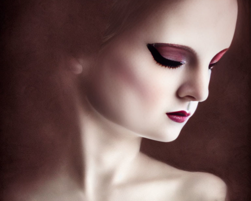 Person with Dark Red Lips and Winged Eyeliner on Moody Background