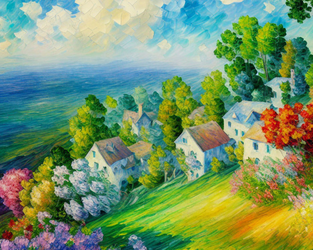 Colorful Impressionist Coastal Village Painting with Lush Trees and Dynamic Sky