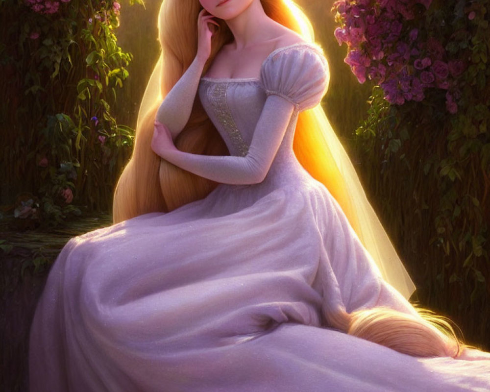 Golden-Haired Animated Princess Surrounded by Blossoms in Twilight