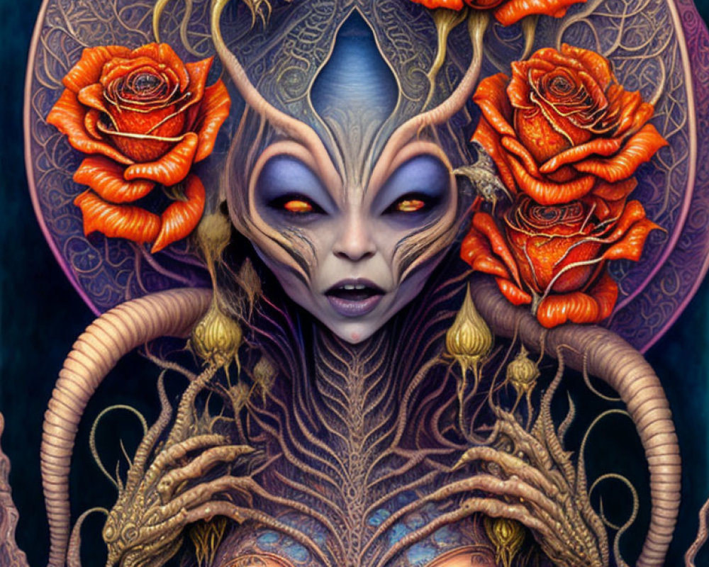 Violet-skinned creature with tentacle-like hair and ornate halo surrounded by orange roses