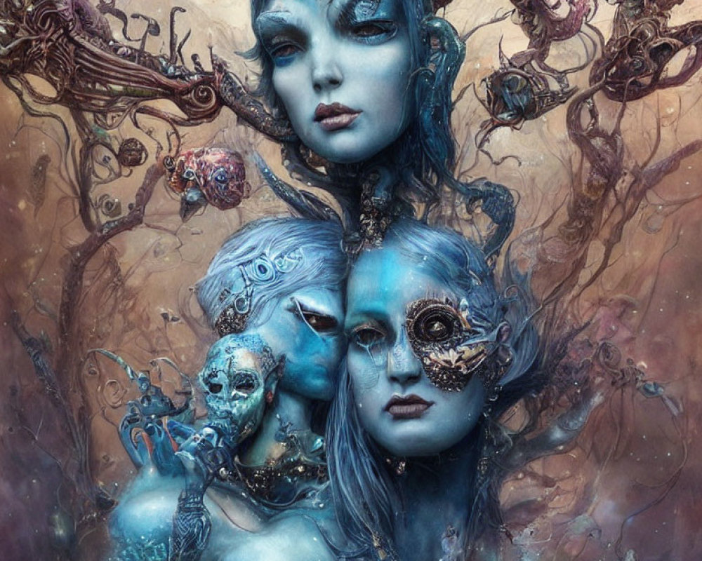 Fantasy-themed digital artwork: Three blue-skinned elf-like figures with swirling mystical elements.