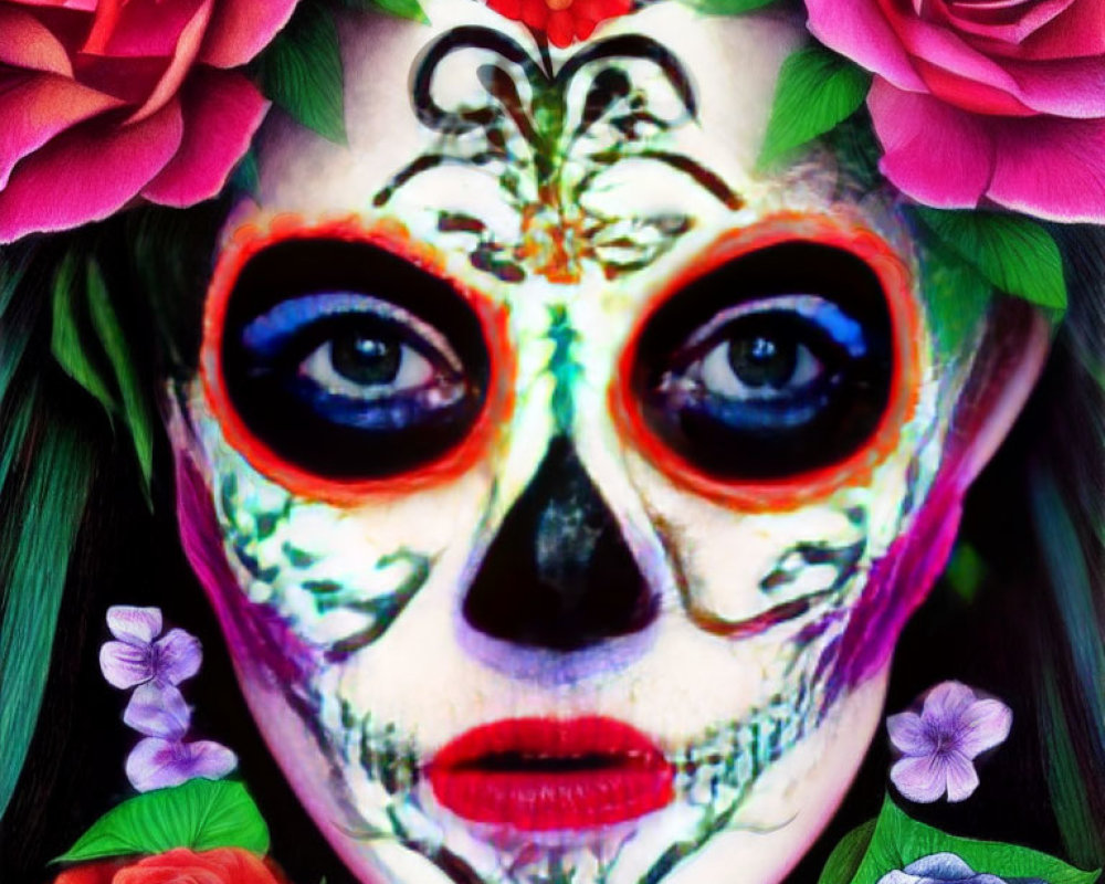 Vibrant skull face paint and colorful roses in Day of the Dead style