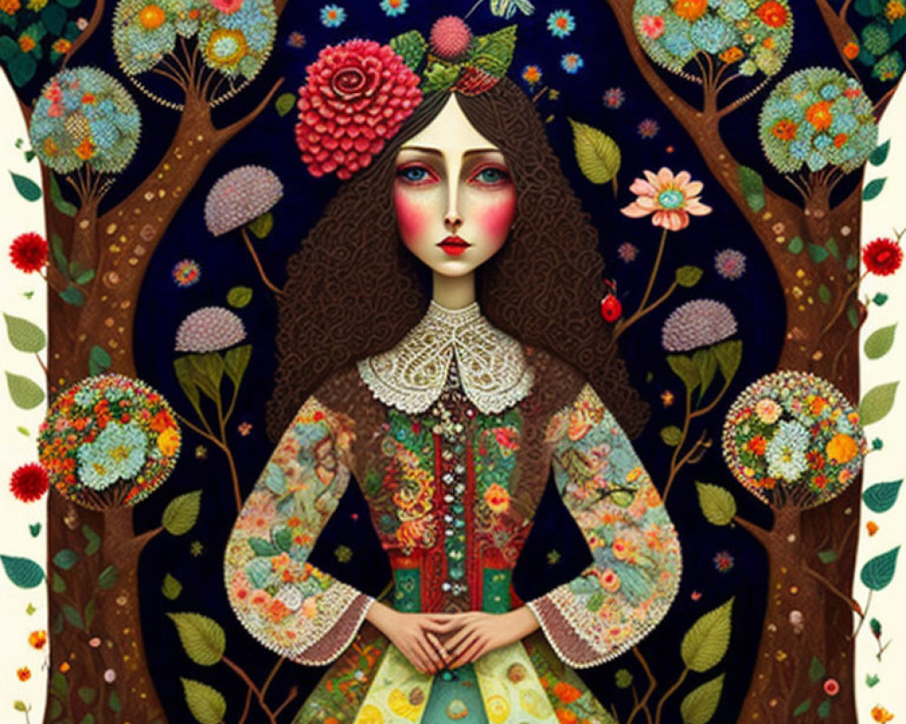 Stylized illustration of woman in intricate clothing in floral forest