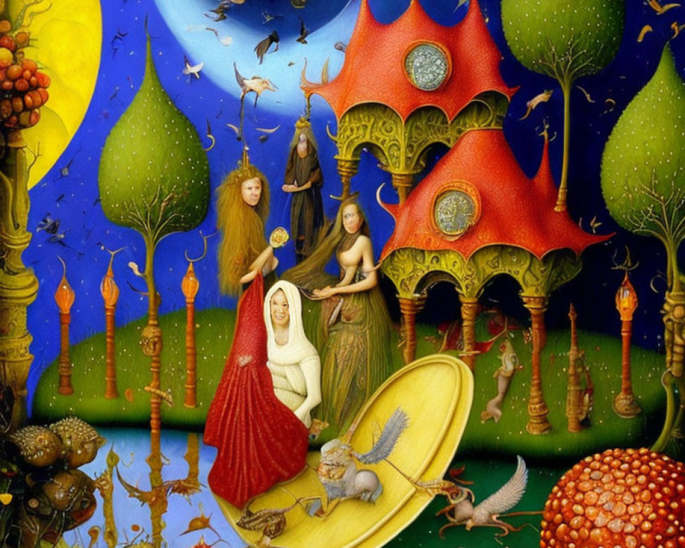 Surrealistic Painting of Women, Creatures, and Mushroom Houses