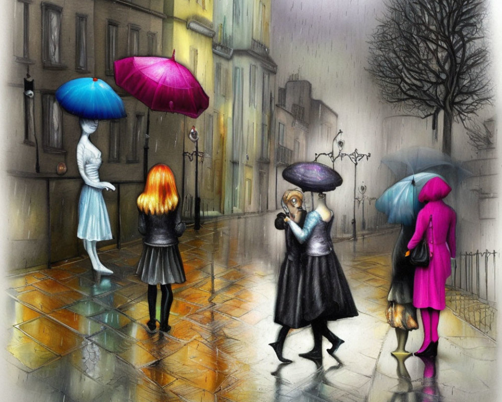 Vibrant illustration: people with umbrella heads in rainy cityscape