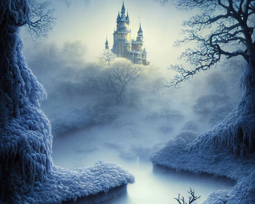 Mystical winter castle surrounded by frost-covered trees and frozen river