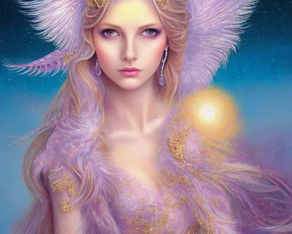Fantasy Woman with Purple Feathery Accessories and Golden Ornaments