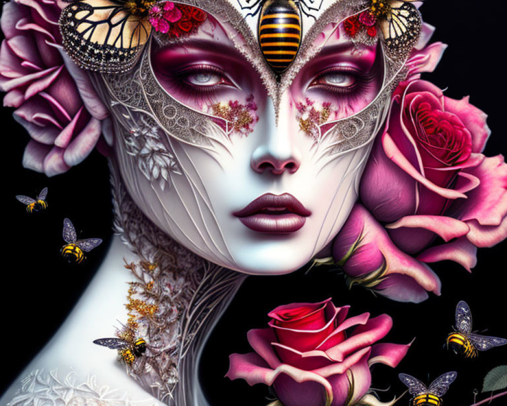 Woman with Floral and Insect Mask Surrounded by Roses and Bees