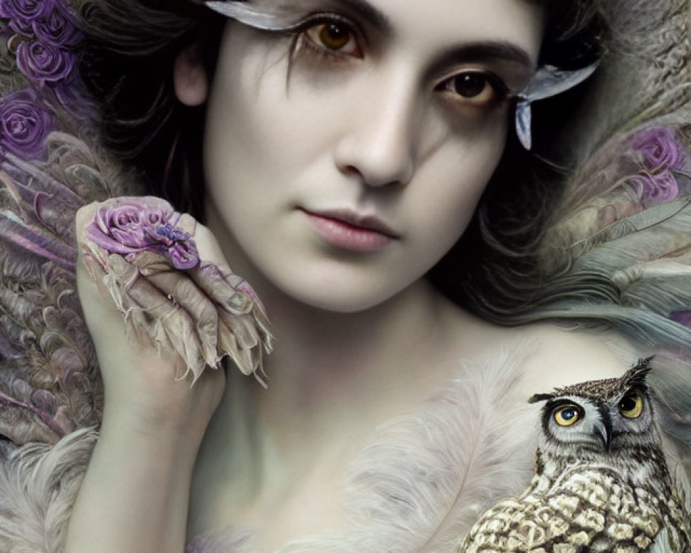 Whimsical makeup woman with owl in floral setting