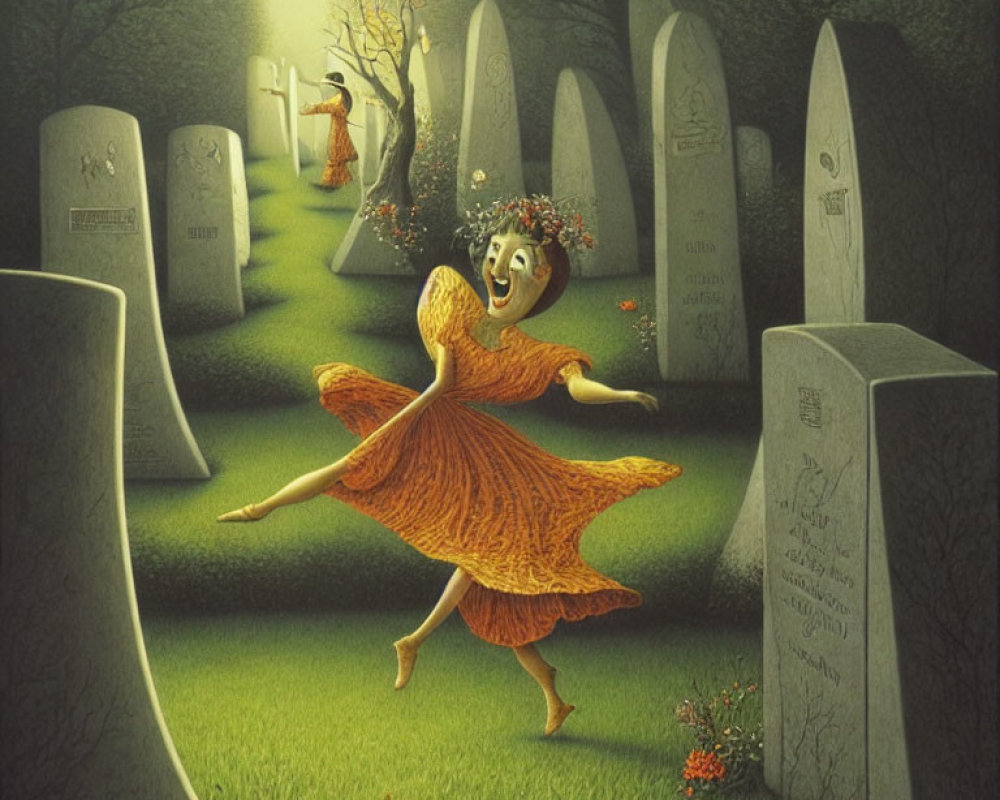 Whimsical painting of joyful figure in mask and flower crown dancing among gravestones