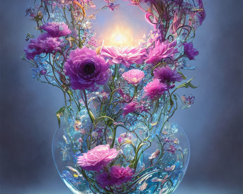 Colorful digital artwork: Glass vase with glowing purple and pink fantasy flowers