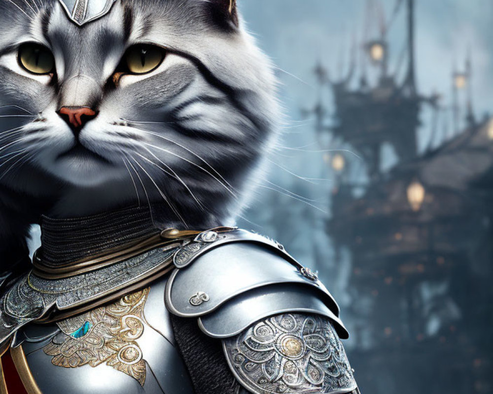 Cat in medieval armor with human-like expression and fortress background