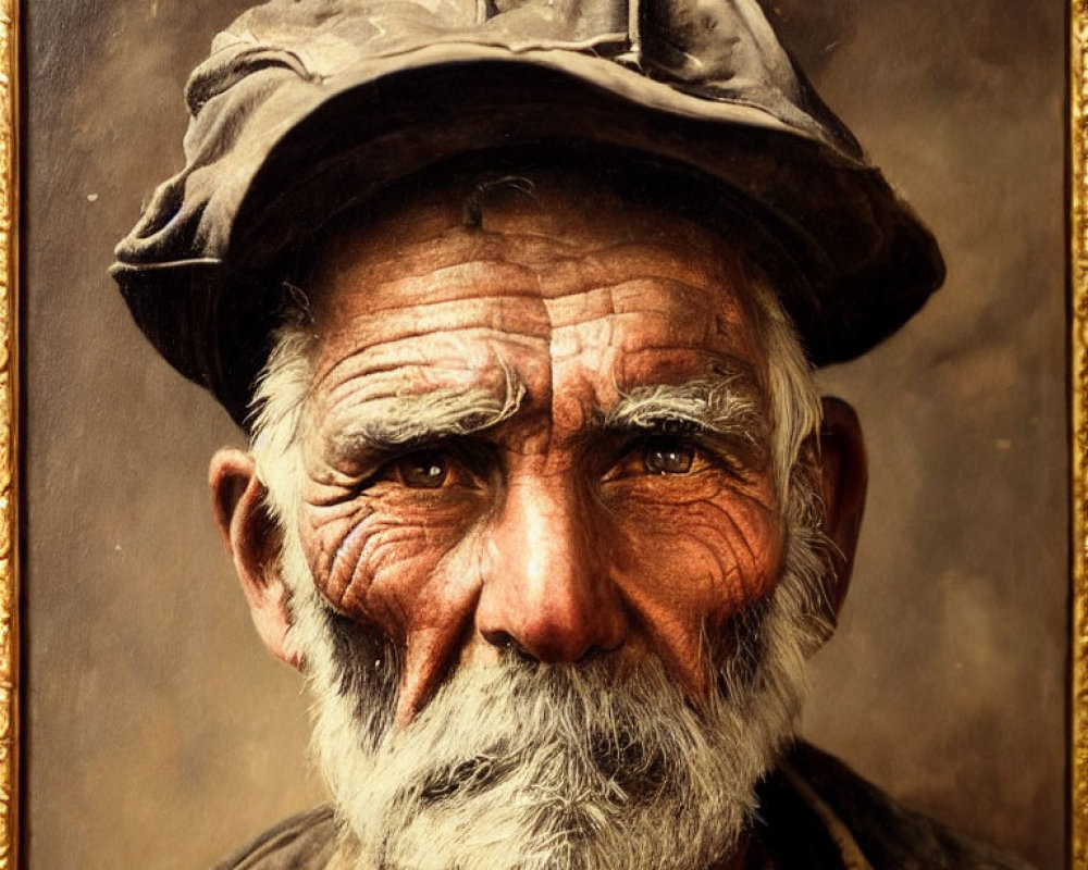 Elderly man with weathered face and grey beard in cap gazes thoughtfully.