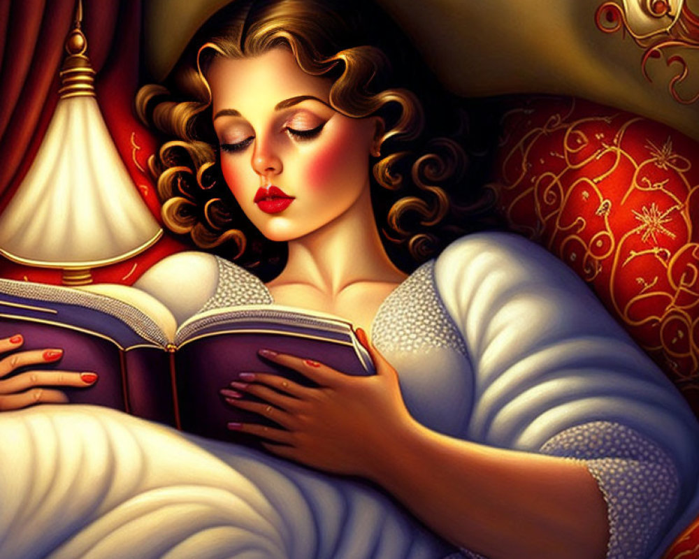 Illustration of woman with wavy hair sleeping in bed with open book