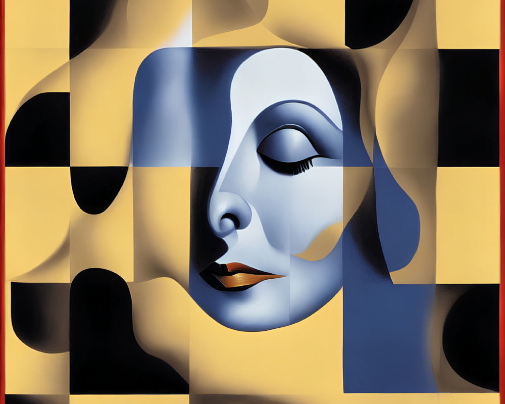 Fragmented female face on checkered background: Surrealistic painting