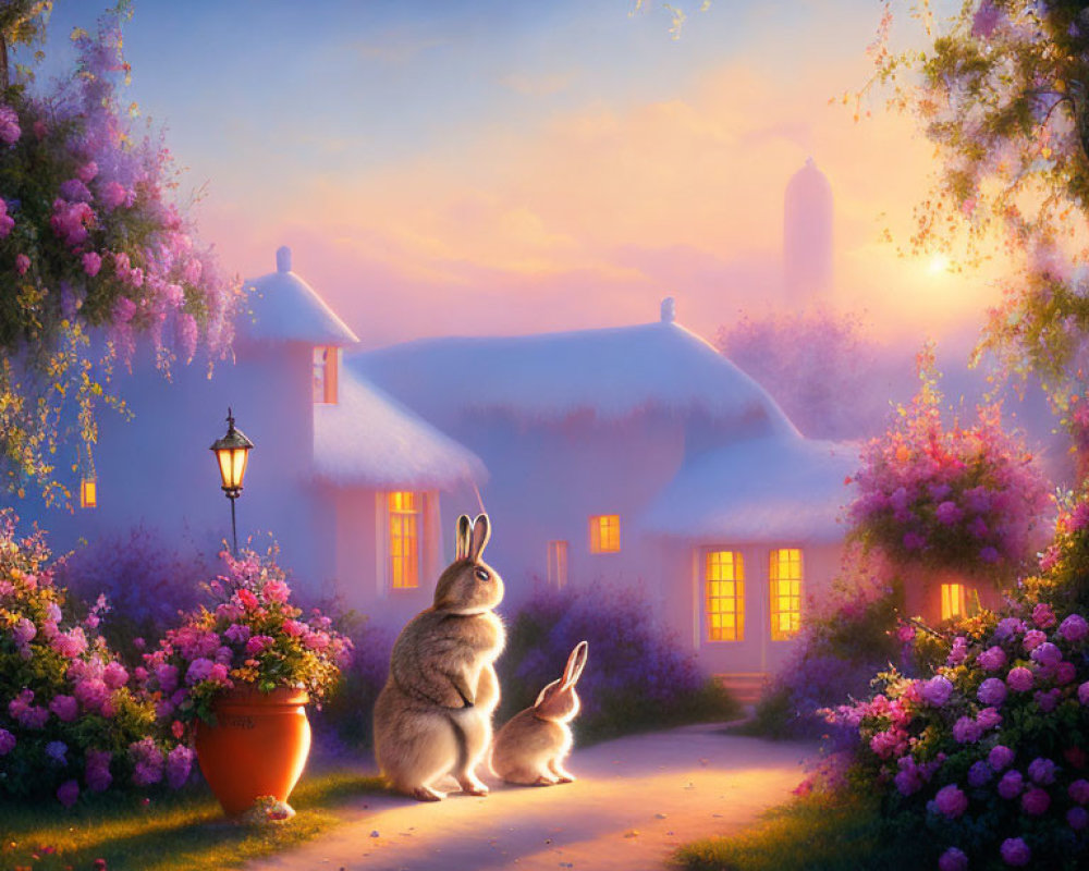 Tranquil Twilight Scene: Two Rabbits by Cottage with Lush Flowers