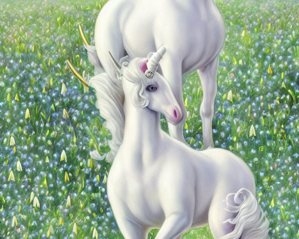 White unicorns with golden horns in a field of white flowers under a clear blue sky