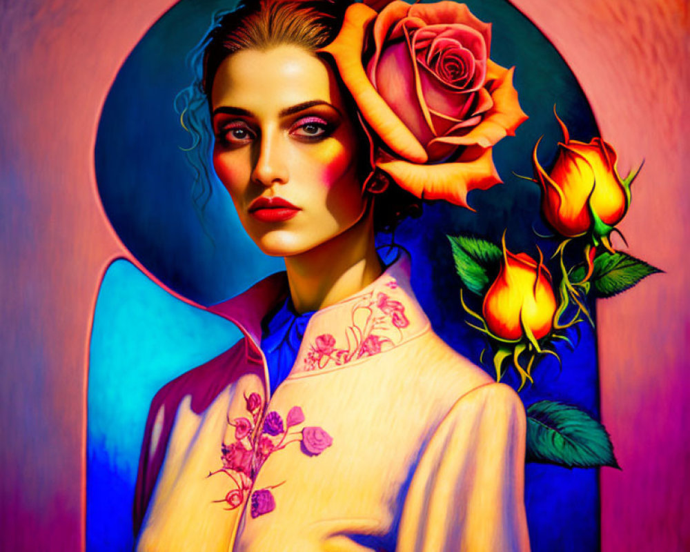 Vibrant portrait of a woman with roses in warm hues and dramatic makeup