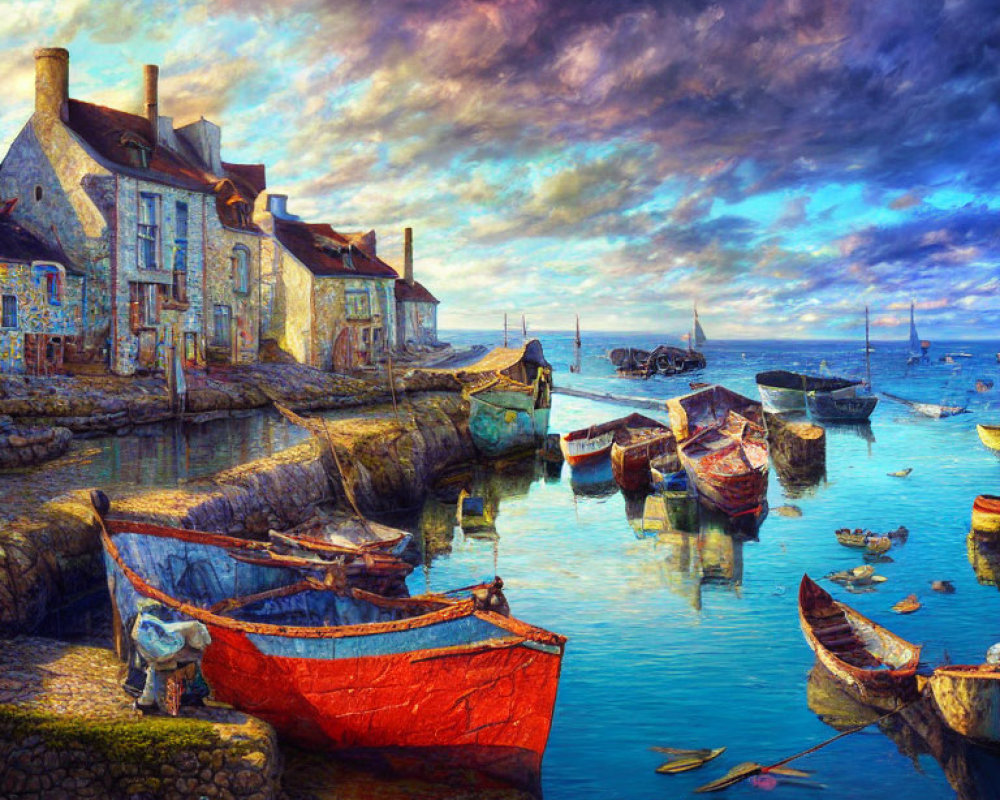 Colorful boats and stone houses in serene harbor at sunset