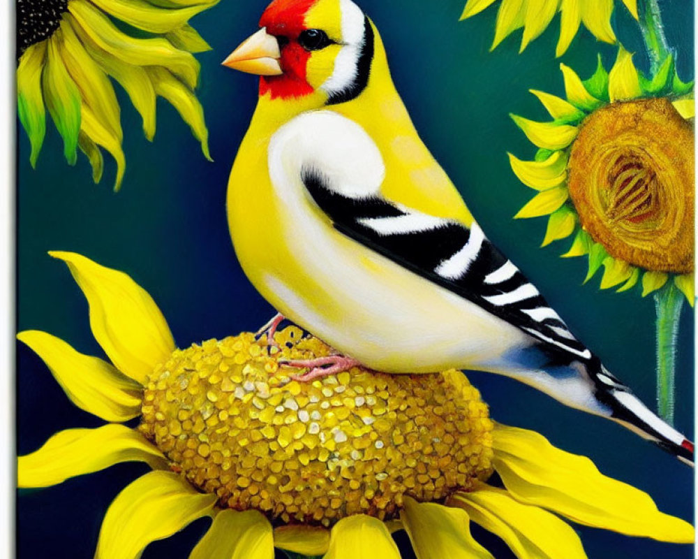 Colorful Bird on Sunflower with Dark Background