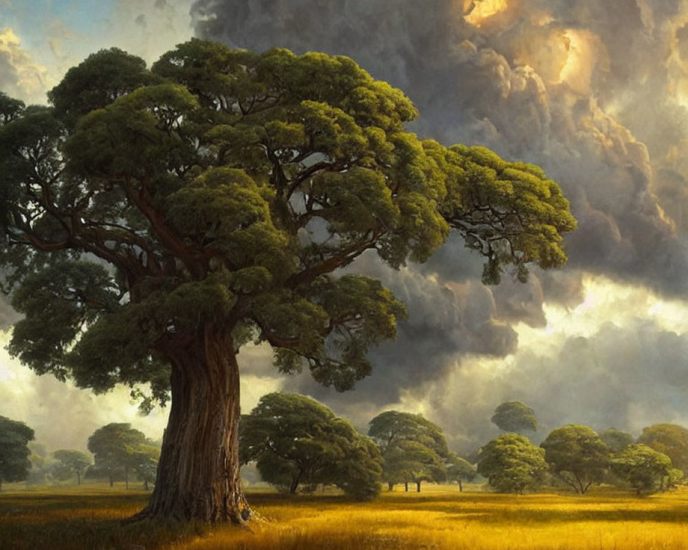 Majestic lone tree in golden field under dramatic sky