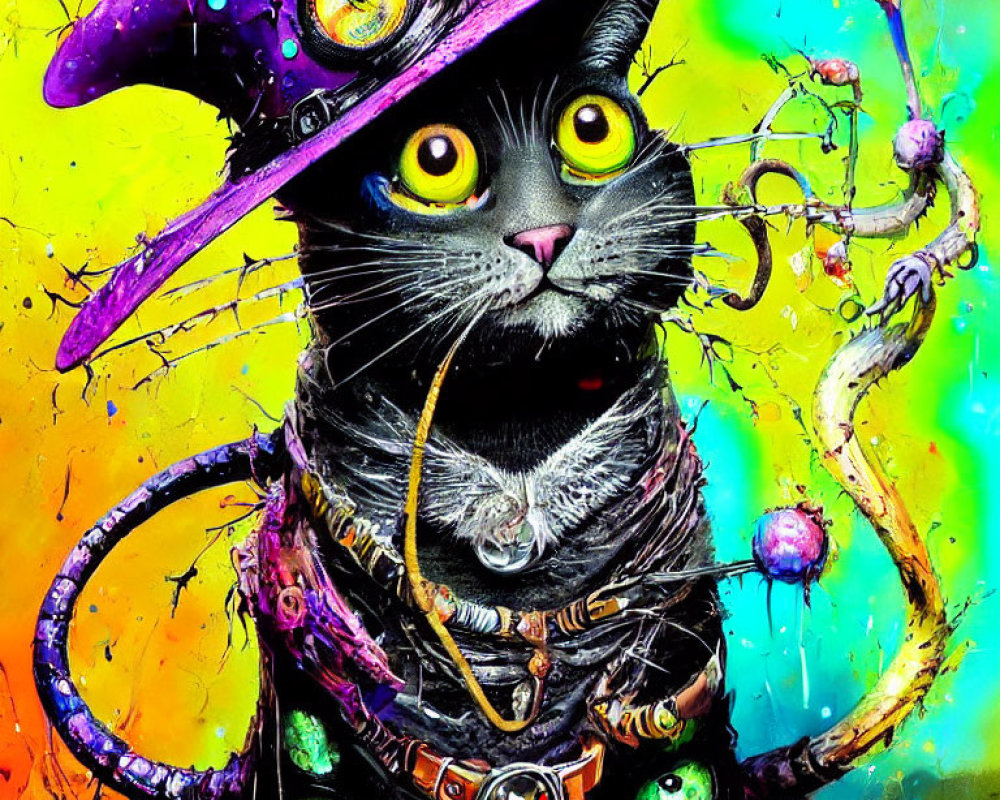 Colorful Whimsical Black Cat Painting with Decorated Hat and Necklace