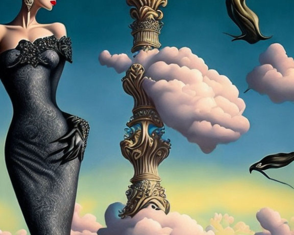 Surreal digital artwork: Elegant woman with stylized makeup, floating arches, clouds, and