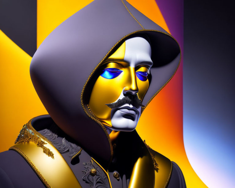 Vibrant digital portrait of stylized character with golden face and blue eyeshadow