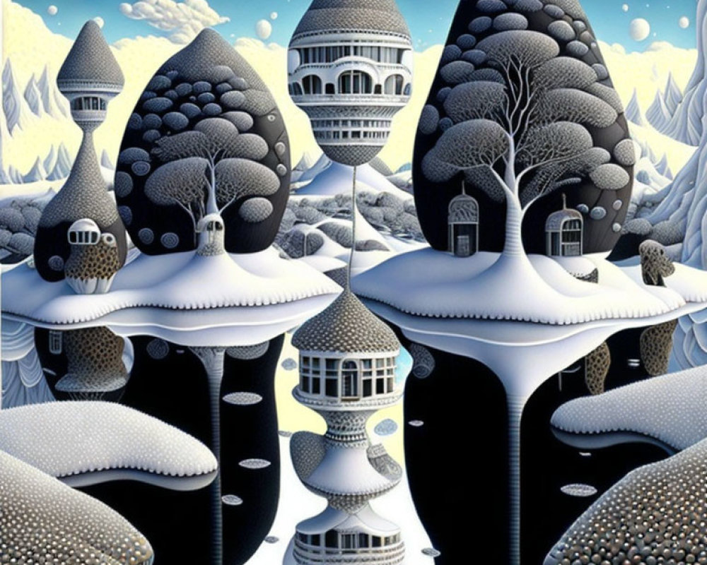 Snow-covered surreal landscape with tree-like structures, whimsical buildings, and cylindrical pits