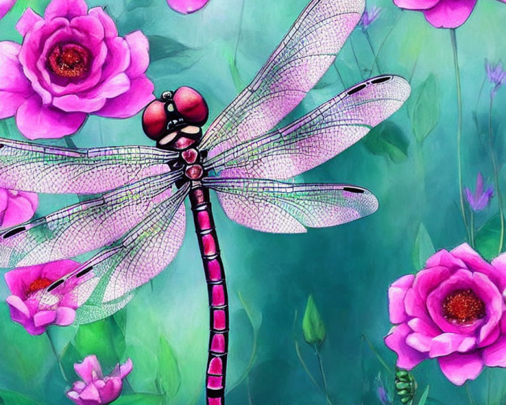 Detailed pink and black dragonfly on pink roses and green foliage