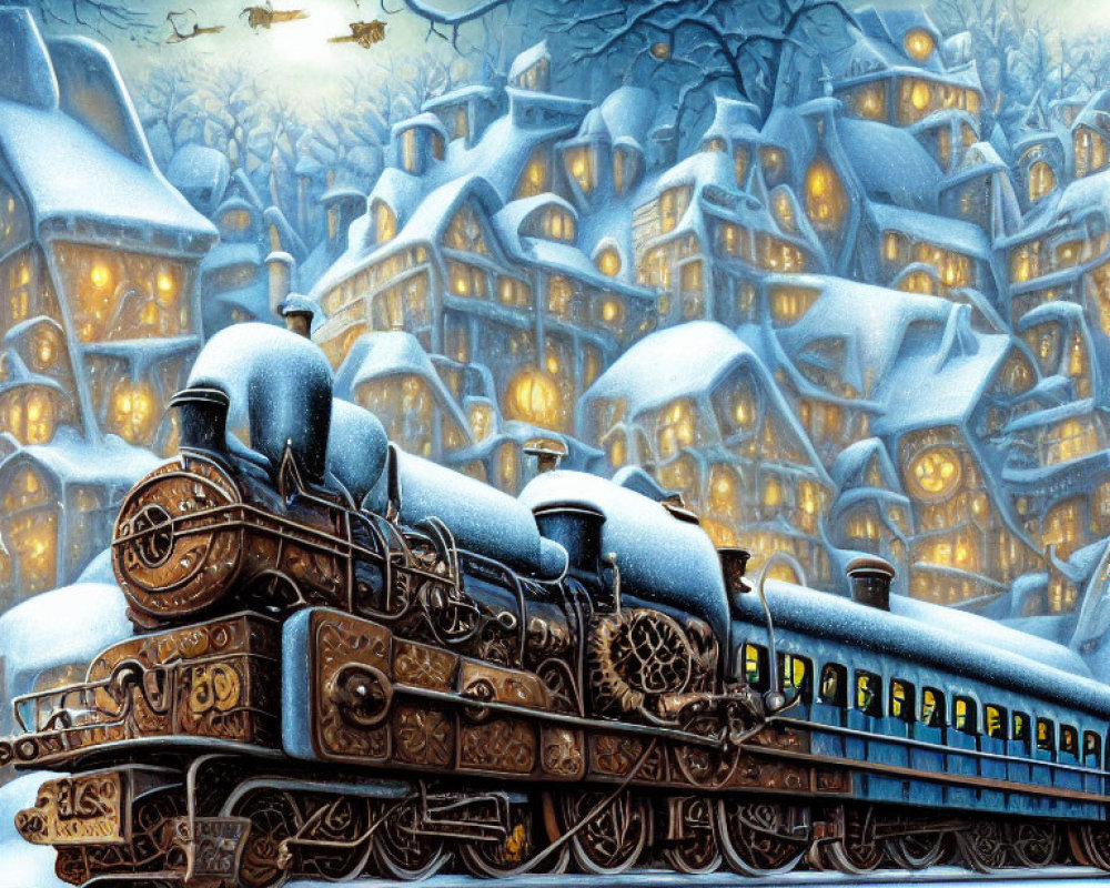 Steam train in snowy night with Santa's sleigh above