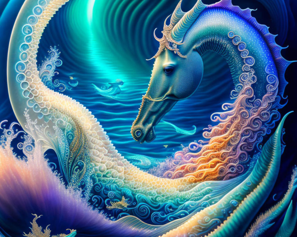 Sea Creature Resembling Seahorse with Elaborate Patterns and Glowing Horn