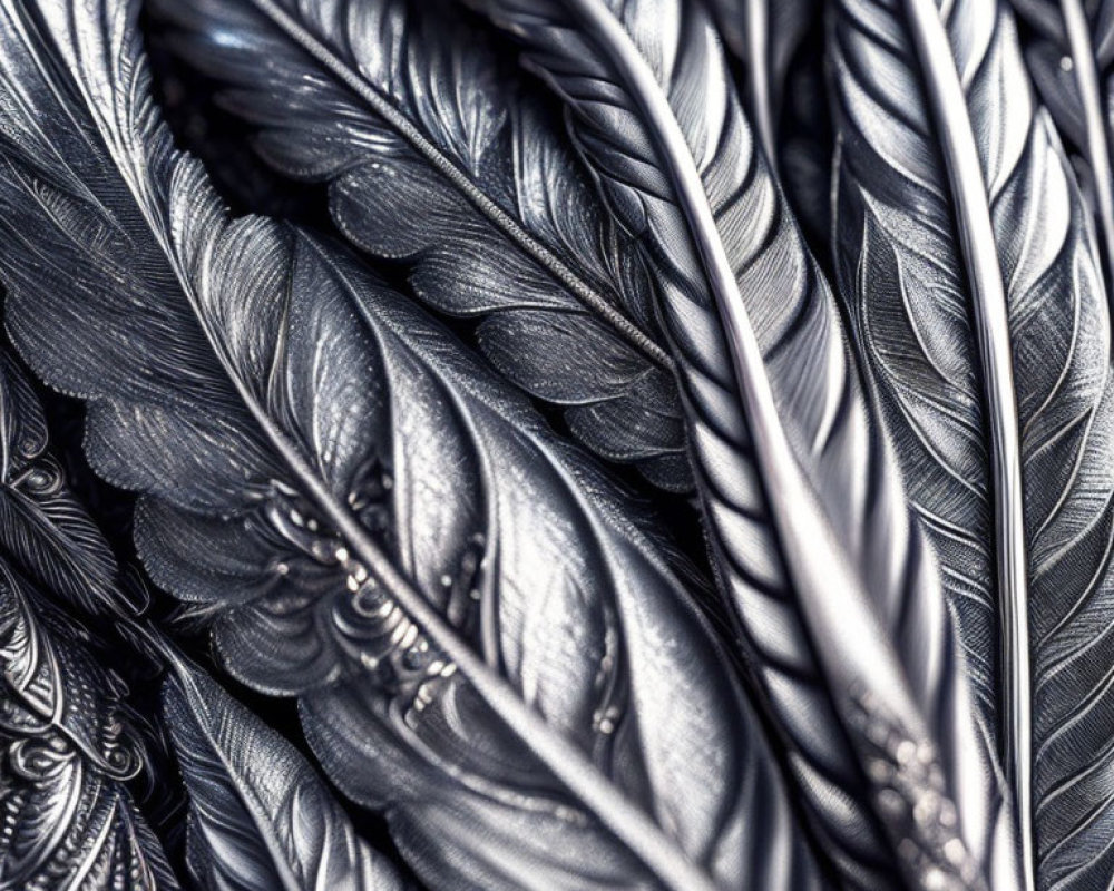 Detailed Metallic Feathers: Monochrome Color Scheme & Textured Patterns
