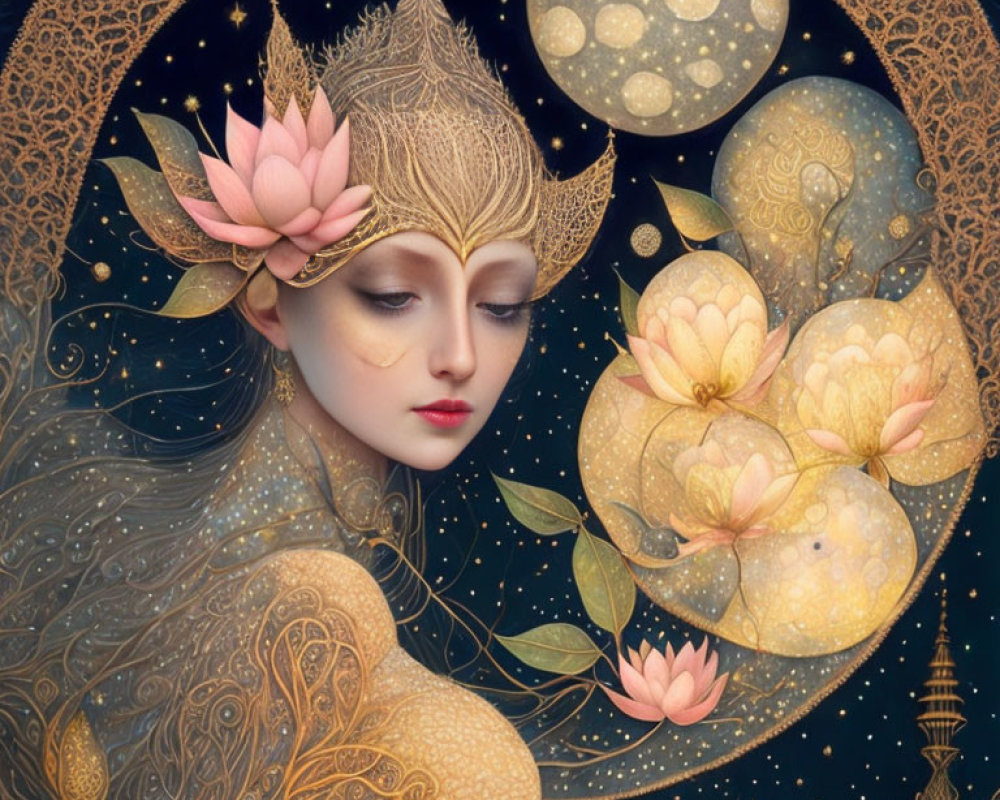 Ethereal woman with lotus crown in golden patterns against night sky