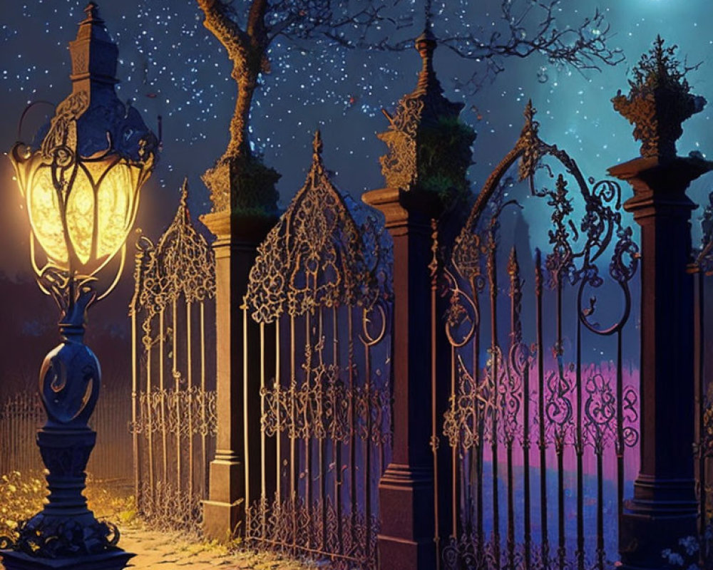 Warmly Lit Street Lamp Illuminates Wrought Iron Gate Under Starry Night Sky
