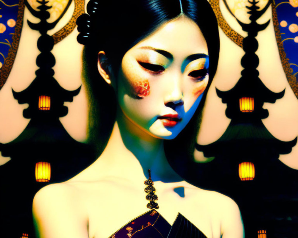 Stylized portrait of woman with East Asian makeup and black bob hairstyle against patterned screens and lantern