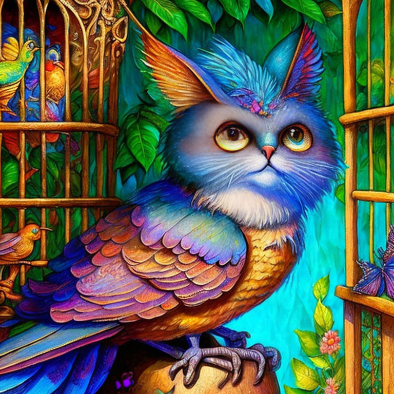 Colorful Owl Illustration in Ornate Cage with Blue Eyes and Foliage