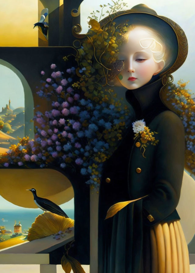 Surreal artwork of person with golden halo and floral headdress in fantastical setting