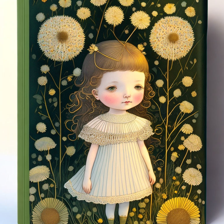 Whimsical young girl illustration with large eyes and dandelions