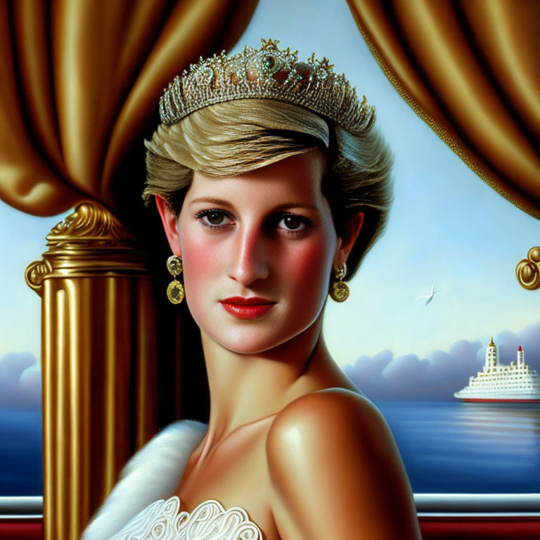 Blond woman in tiara and white dress by the sea