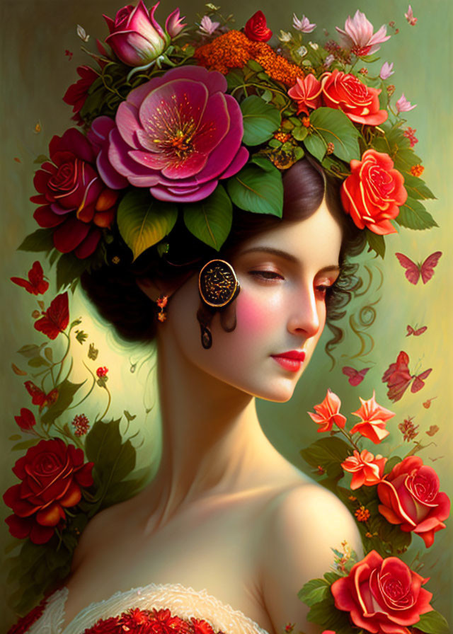 Woman portrait with vibrant floral headdress and serene expression