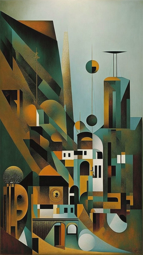 Geometric abstract art with architectural and celestial motifs in muted colors