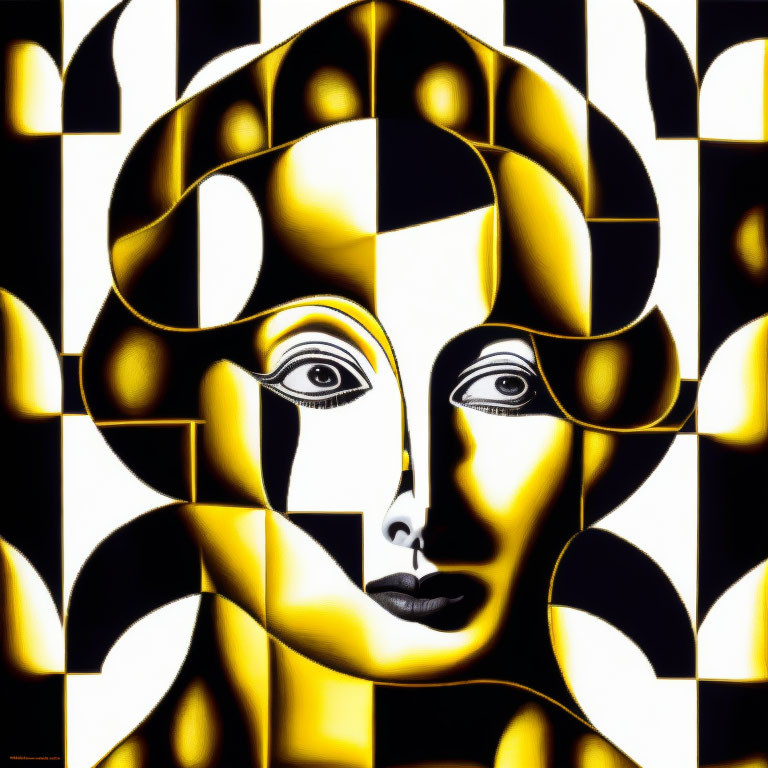 Monochrome checkered pattern with distorted female face illusion