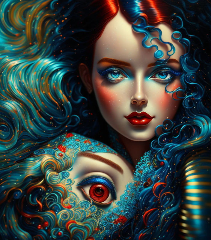 Detailed illustration of two women with blue curls and red lips
